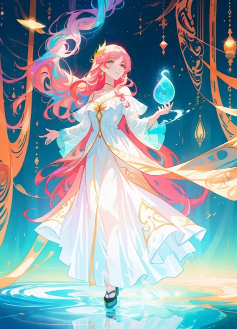 Beautiful girl, vestido de baile em camadas em camadas inchado, magical forest, vibrant pastel colors, (colorido), cabelos longos dourados brilhantes, magic lights, Shimmering Magic Liquid, inspirado em Glen Keane, inspirado em Lois van Baarle, estilo de a...