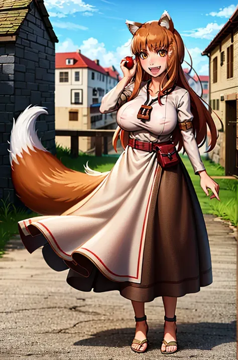 (holo:1.5), (holoBrownDress:1.5), masterpiece, best quality, absurdres, 1girl, looking at viewer, standing, cowboy shot, outdoors, medieval, cobblestone street, town, pouch, sash, smile, fruit, apple, basket,huge breast, curvy, silver hair, white hair, ful...