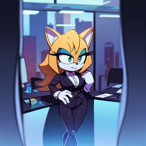 (1girl), (solo), female, mobian, cat, blonde fur, long tail, long hair, thin, business suit, dress, tight skirt, dark leggings, high heels, makeup, standing with crossed legs next to office desk ((Background: inside of a business office, glass wall sized w...