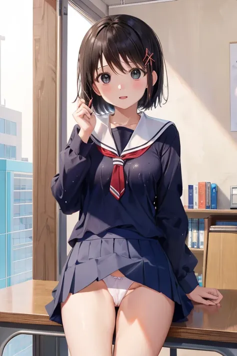 ​masterpiece, top-quality, hight resolution, ighly detailed, 细致背景, 电影灯光, 1girl in, cute little, Medium chest, 校服, (Lift skirt), looking at the viewers, school buildings, bokeh dof,(fullnude:1.2)、Wet white panties、Spread your legs、fullnude