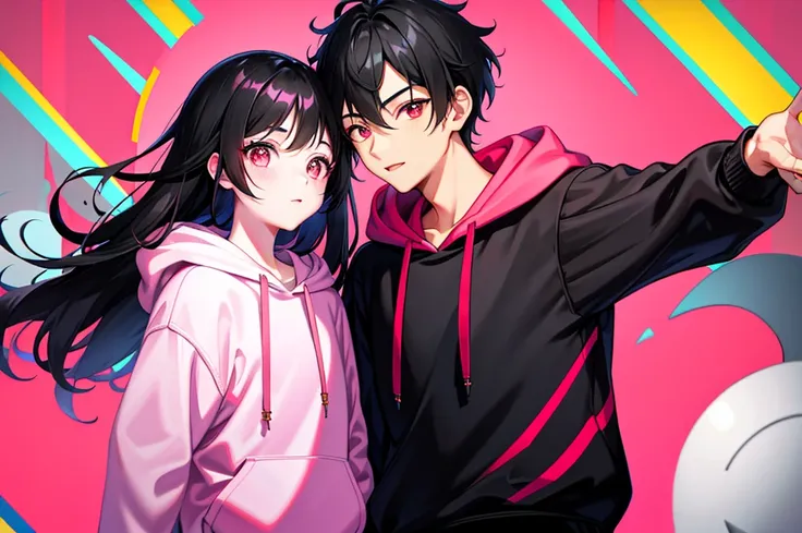 1 handsome boy and beautiful girl black hair, forehead coma hair, korean hair, red eyes, street style, gradattion hoodie pink yellow, collor full background, shiny, viewing viewer, upper body