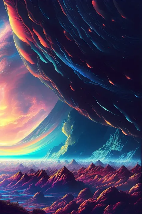 illustration of jupiter clouds by dan mumford, alien landscape and vegetation, epic scene, a lot of swirling clouds, high exposu...