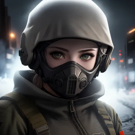 (female simon ghost riley,female ghost,cod),illustration,detailed,combat gear,masked face,balaclava,face mask,powerful pose,night vision goggles,gritty environment,military aesthetic,urban setting,moonlit scene,highres,vivid colors,dark and moody lighting,