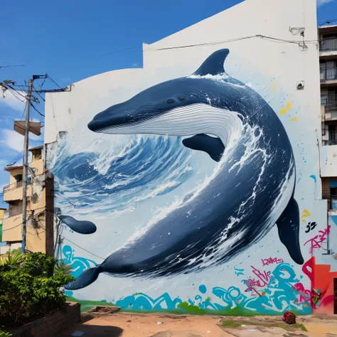 I want an image of a whale graffitied on the wall with fine strokes Masterpiece, melhor qualidade, toon, 3D, favela morro, lowangle. Beautiful daytime sky, summer vibes, Brasil. brasilidade. graffiti, arte, natureza