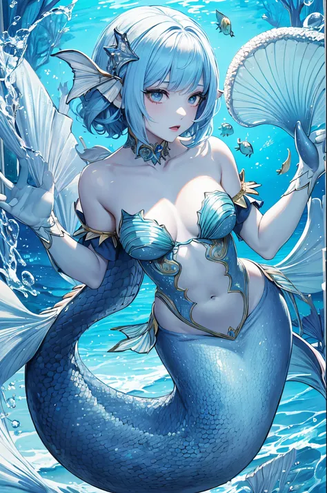 linear art, 2D, well-muscled, absurderes, One Girl, ((Monster Girl, fish girl, mermaids, Fish tail)), Liquid, dripping, other mermaids, (girl wrapped in scales:0.85), Blue scales, blue skin, shorth hair