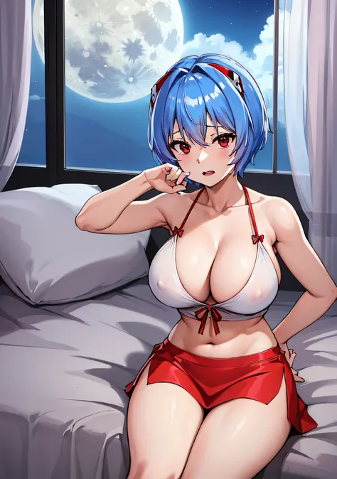 masutepiece),(Best Quality), ,Rei Ayanami、Red Eyes，Light blue hair short，headware，Interface headset，bow ribbon、skirt by the、Red slip dress、Slip Dress、Full Moon Night、Tokyo No. 3 Middle School Uniforms 、Colossal tits,Annoying underwear、Open legs in bed、The ...