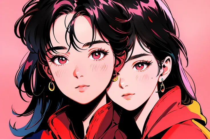 1 handsome boy and beautiful girl, black hair, forehead coma hair, Korean hair, red eyes, street style outfit, gradient hoodie in pink and yellow, colorful background, shiny, engaging gaze towards viewer, upper body

(best quality,4k,8k,highres,masterpiece...