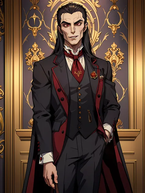 (solo:1.3), (((((looking at the viewer))))), in the grand castle room of an aristocratic handsome (((1boy))) ((vampire)) a tall and figure stands exuding an aura of elegant menace (long hair), dressed in impeccably tailored Victorian attire, complete with ...