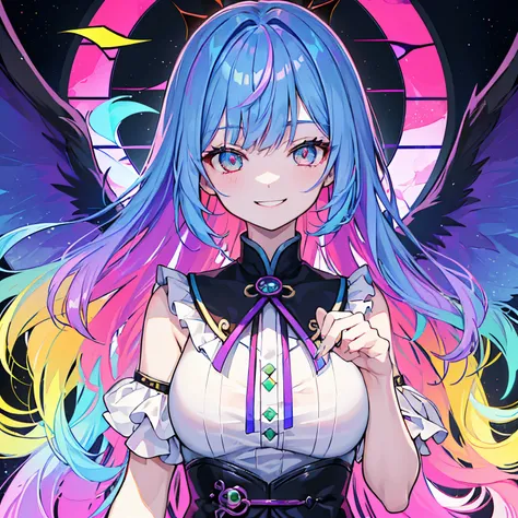 ((top-quality)), ((ultra-detailliert)), girl with, 独奏,(((Delicat eyes))),((Upper body only))、rainbow-colored hair,evil smile,Iridescent stained glass、rainbows