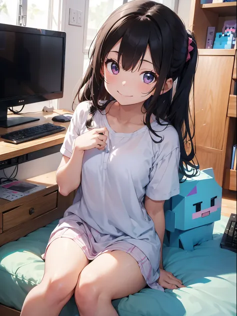 girl with、kawaii、Colorful Asanhttps://sing.。.com/Mumu_Mhm09、Smiling、looks sleepy、in a house、early morning、Before Playing Minecraft、Computer in one hand、