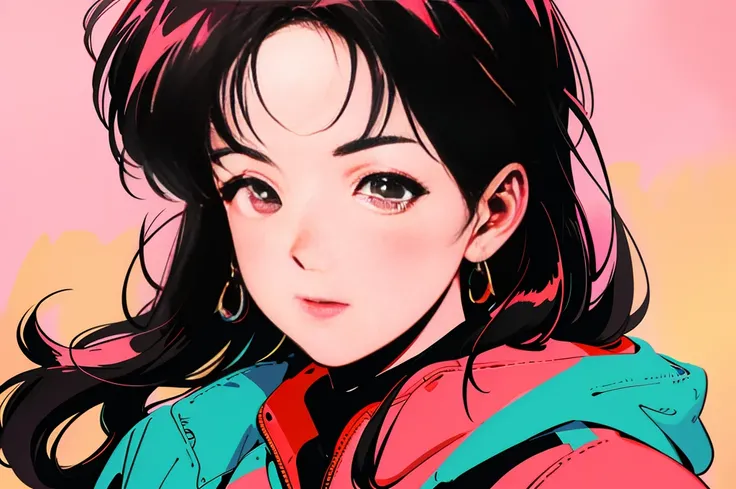 beautiful girl, black hair, forehead coma hair, Korean hair, red eyes, street style outfit, gradient hoodie in pink and yellow, colorful background, shiny, engaging gaze towards viewer, upper body

(best quality,4k,8k,highres,masterpiece:1.2), ultra-detail...