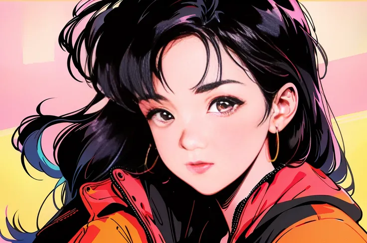 beautiful girl, black hair, forehead coma hair, Korean hair, red eyes, street style outfit, gradient hoodie in pink and yellow, colorful background, shiny, engaging gaze towards viewer, upper body

(best quality,4k,8k,highres,masterpiece:1.2), ultra-detail...