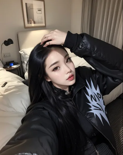 Theres a woman whos taking a selfie in a hotel room, cruel korean goth girl, menina coreana, Ulzzang, Mulher sul-coreana bonita, Jinyoung Canela, iu lee ji-eun as a super villain, goth girl aesthetic, Xision Wu, pale goth beauty, Mulher coreana, Wenfei Ye,...