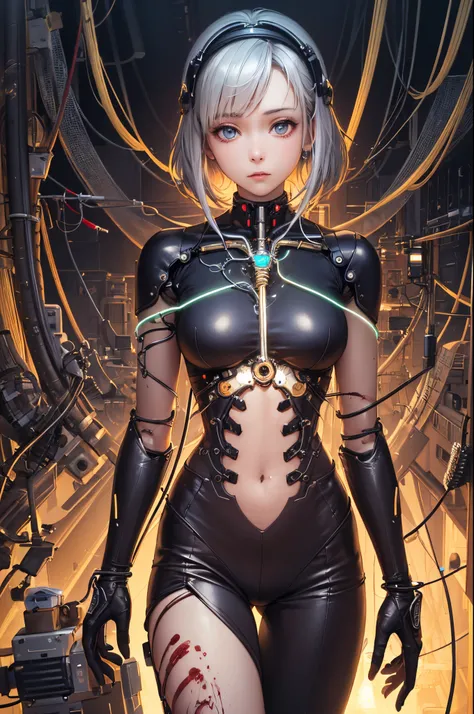 (((masterpiece))), (((best quality))), ((ultra-detailed)), (highly detailed CG illustration), ((an extremely delicate and beautiful)),cinematic light,((1mechanical girl)),solo,(cowboy shot:1.2),(machine made joints:1.2),((machanical limbs)),(blood vessels ...