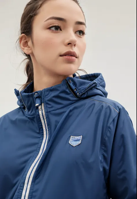 a woman wearing a blue jacket with a striped zipper, vestindo jaqueta azul, encapuzado, Jaqueta azul, jaqueta azul harmonia, vestindo uma jaqueta azul, usando um capuz azul, Parka Azul, suit jacket, detalhado, profile close-up view, Hood, medium poly, azul...