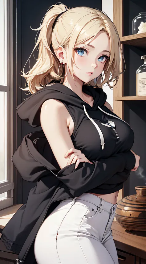 top-quality、Top image quality、​masterpiece、girl with((18year old、Best Bust、big bast,Beautiful blue eyes、Breasts wide open, Blonde ponytail、A slender,Large valleys、Black hoodie、White pants、Sleeveless、Ruby Earrings、lean against the wall)）hiquality、Beautiful ...