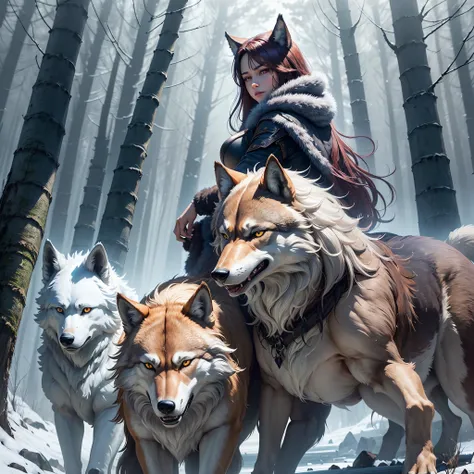 Epic movie poster、Beautiful woman and wolf raised by wolves、Beautiful woman riding on the back of a wolf、The wolf comes towards the viewer with a scary face、interview、
woman with beautiful face --auto --s2