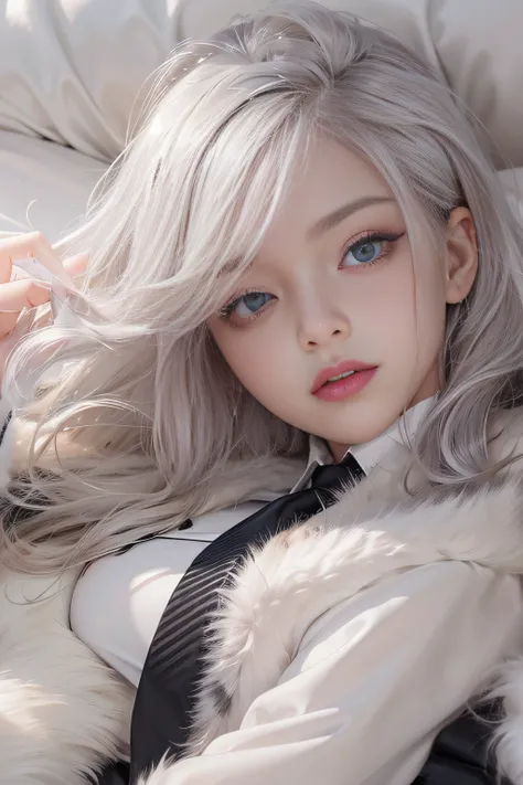 Portrait photo of a girl, Photorealistic, High resolution, 1 Women, Solo, waist-up, Beautiful eyes, Close lips, Detailed face, White hair, Long hair, Collared shirt, black necktie,Black skirt, pencil skirts, Fur coat, Stockings、(Woman lying with her head u...