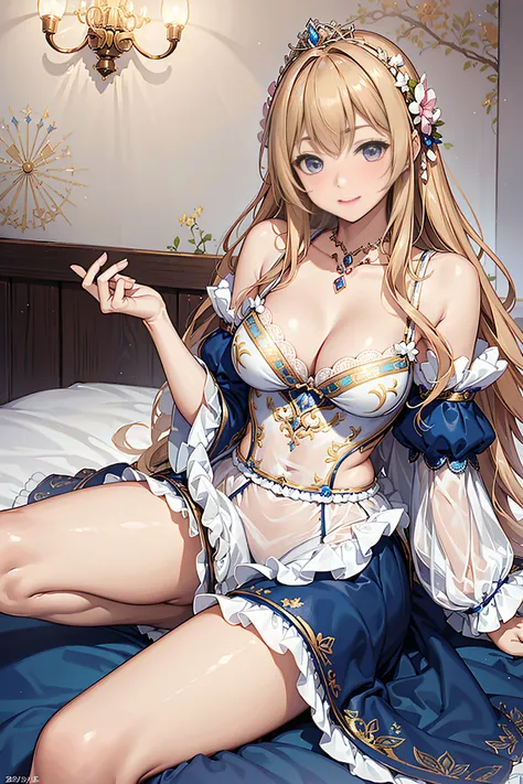 25-year-old female、Shy laughter、Kamimei、Medium chest、Pose Seductive，(brightly patterned princess dress:1.2)，Dark-blonde hair，e Blue Eyes，maximalism，Multi-layered delicate frills，Lots of races，(Delicate pattern:1.1)，(exquisite costumes:1.1)，(Yellow-white to...