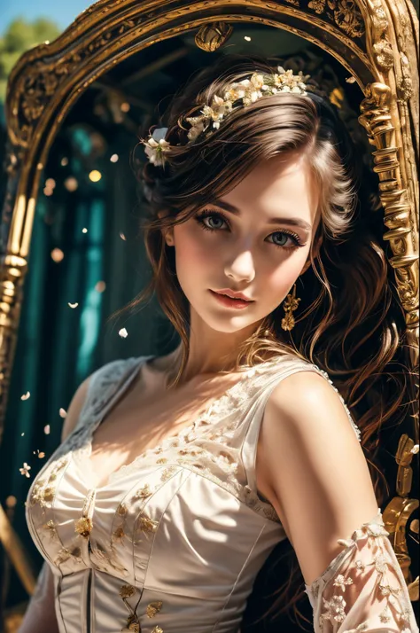 (best quality,highres,masterpiece:1.2),ultra-detailed,realistic,portrait,a beautiful woman, a Victorian carriage, lush scenery, vintage fashion, elegant poses, soft natural lighting, delicate lace and embroidery, vibrant colors, elaborate hairstyle, gracef...