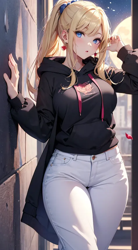 top-quality、Top image quality、​masterpiece、girl with((18year old、Best Bust、big bast,Beautiful blue eyes、Breasts wide open, Blonde ponytail、A slender,Large valleys、Black hoodie、White pants、Sleeveless、Ruby Earrings、lean against the wall)）hiquality、Beautiful ...