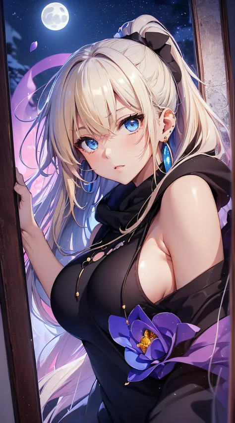 top-quality、Top image quality、​masterpiece、girl with((18year old、Best Bust、big bast,Beautiful blue eyes、Breasts wide open, Blonde ponytail、A slender,Large valleys、Black hoodie、White pants、Sleeveless、Ruby Earrings、lean against the wall)）hiquality、Beautiful ...