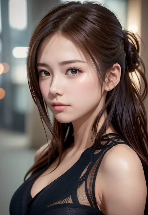 8K, of the highest quality, masutepiece:1.2), (Realistic, Photorealsitic:1.37), of the highest quality, masutepiece, Beautiful young woman, Pensive expression, Thoughtful look, Elegantly dressed, Hair tied back, Messy mood, Cinematic background, Tired, Lig...