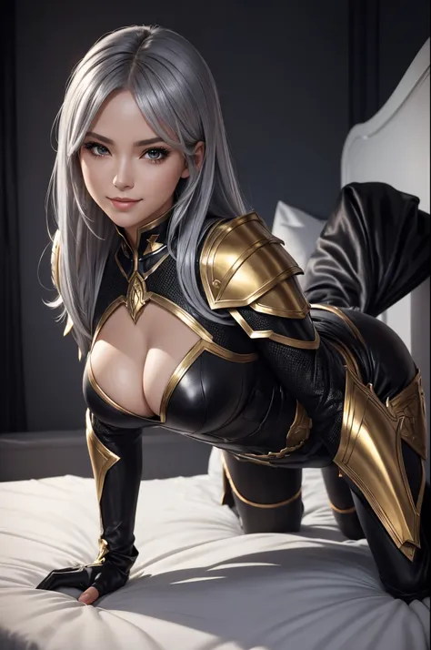 8K,A silver-haired arafe woman wearing black clothes posing on all fours, very detailed Artgerm,Silvery hair, ig model | ArtGerm, stunning armor, Stunning character art, wlop and ArtGerm, fanart best artstation, Style ArtGerm, ArtGerm. Anime Illustration, ...