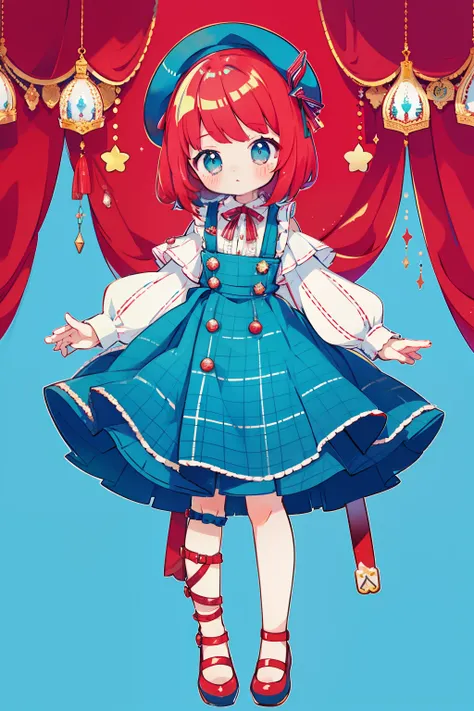 (circus theme) slim ragdoll style, full bodyesbian、Standing Picture、red hair、blue check beret、Plaid long suspender skirt、blue Mint、light blue bottons ragdoll eyes、Light blue shirt, red ribbon、cute little、​masterpiece、top-quality、Top image quality, red curt...