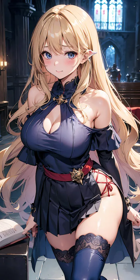 Adult Woman, Sexy Witch Cosplay, Long dark blonde wavy hair、off-shoulder knit, (darkblue pleated skirt), Medium milk, Blushing, Shy laughter, Bare shoulders、(Pose to lean forward and emphasize the chest)、(turned around)、Puffy exy hips、Red lace panties、Blac...