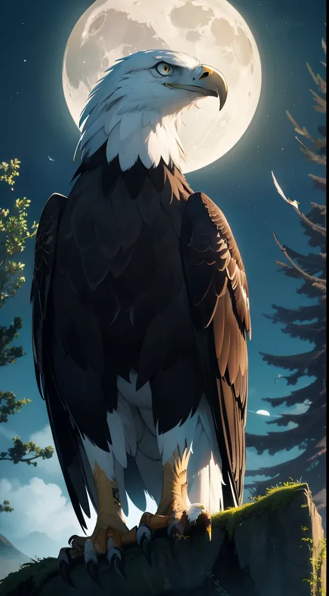 Eagle staring at the observer, (masutepiece), Best Quality, (an eagle)), (((No_The human))), animal, Feathers, Glowing eyes, Scary,Night, Horror, animal focus, Trees, Moon, Glow, Dark