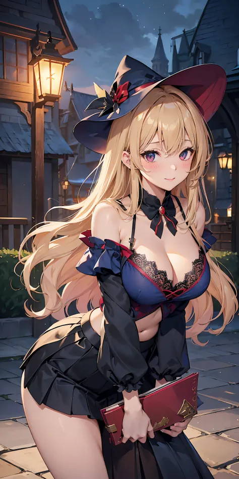 Adult Woman, Sexy Witch Cosplay, Long dark blonde wavy hair、off-shoulder knit, (darkblue pleated skirt), Medium milk, Blushing, Shy laughter, Bare shoulders、(Pose to lean forward and emphasize the chest)、(turned around)、sexy hips、puffy exy red bra、Red lace...