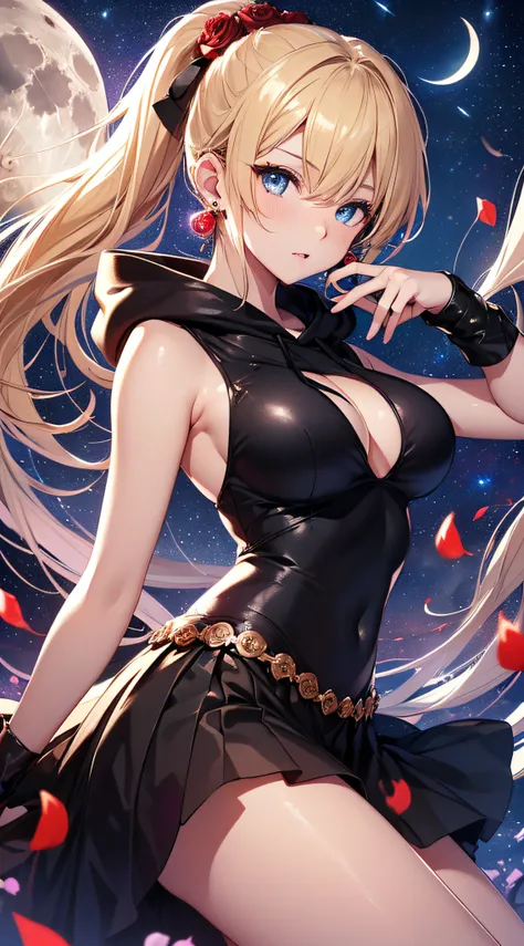 top-quality、Top image quality、​masterpiece、girl with((18year old、Best Bust、big bast,Beautiful blue eyes、Breasts wide open, Blonde ponytail、A slender,Large valleys、Black hoodie、Red and black skirt、Sleeveless、Ruby Earrings、Trouble Pose)）hiquality、Beautiful A...