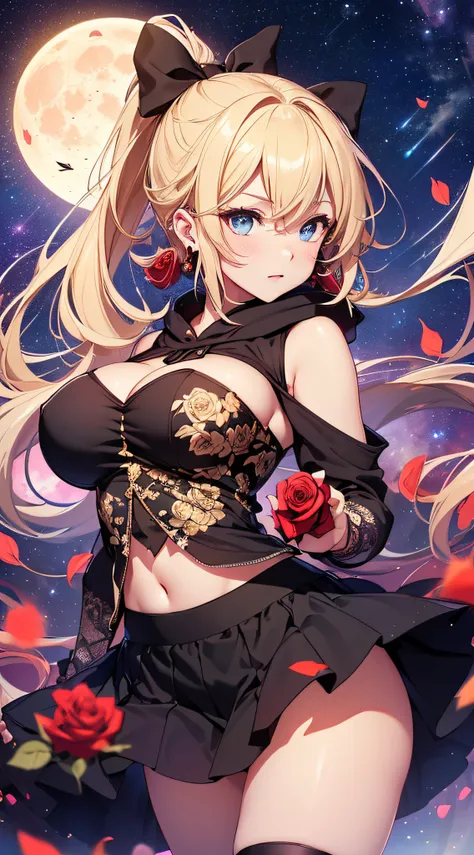 top-quality、Top image quality、​masterpiece、girl with((18year old、Best Bust、big bast,Beautiful blue eyes、Breasts wide open, Blonde ponytail、A slender,Large valleys、Black hoodie、Red and black skirt、Sleeveless、Ruby Earrings、Trouble Pose)）hiquality、Beautiful A...