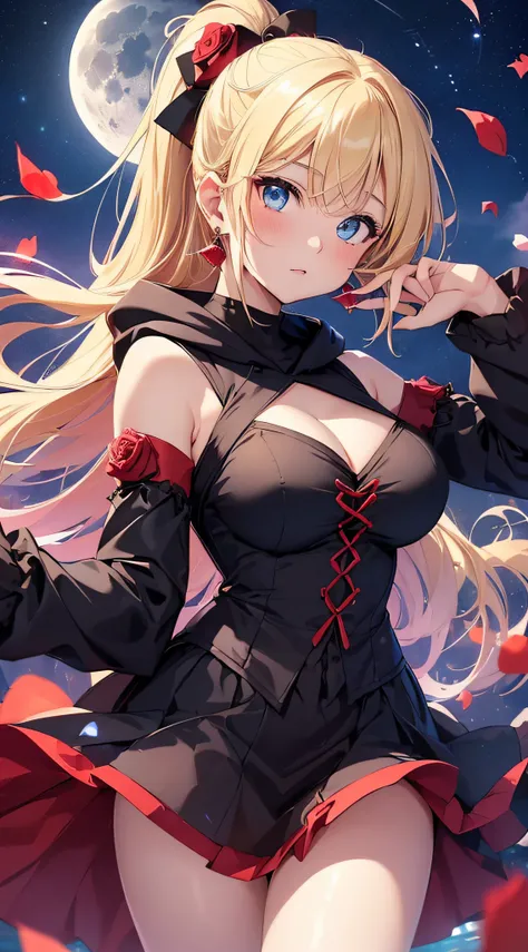 top-quality、Top image quality、​masterpiece、girl with((18year old、Best Bust、big bast,Beautiful blue eyes、Breasts wide open, Blonde ponytail、A slender,Large valleys、Black hoodie、Red and black skirt、Sleeveless、Ruby Earrings、Trouble Pose)）hiquality、Beautiful A...