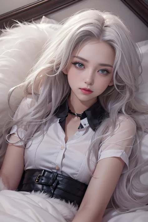 Portrait photo of a girl, Photorealistic, High resolution, 1 Women, Solo, waist-up, Beautiful eyes, Close lips, Detailed face, White hair, Long hair, Collared shirt, black necktie,Black skirt, pencil skirts, Fur coat, Stockings、(woman lying on a fur bed）、S...