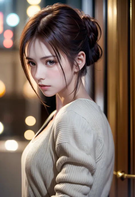 8K, of the highest quality, masutepiece:1.2), (Realistic, Photorealsitic:1.37), of the highest quality, masutepiece, Beautiful young woman, Pensive expression, Thoughtful look, Elegantly dressed, Hair tied back, Messy mood, Cinematic background, Tired, Lig...