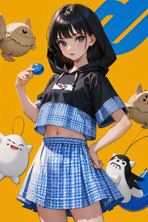 (child)，（​masterpiece，Highest Quality），Crop Top Look，Short sleeve hoodie，(Gingham Check Skirt)，A dark-haired，World of toys