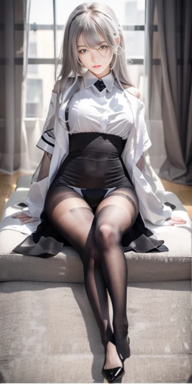 white  shirt，See-through installation，without wearing shoes，100D black butt socks，blackstockings，black pantyhoses，Thick black stockings，black heels，Colossal tits，hip is cocked，super detailing，hyper HD,A high resolution,1080p,Anatomically correct，Acura，body...