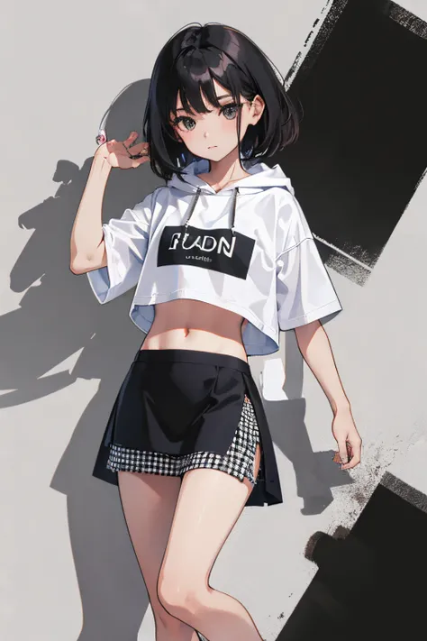 (child)，（​masterpiece，Highest Quality），Crop Top Look，Short sleeve hoodie，(Black mini skirt with gingham check)，A dark-haired