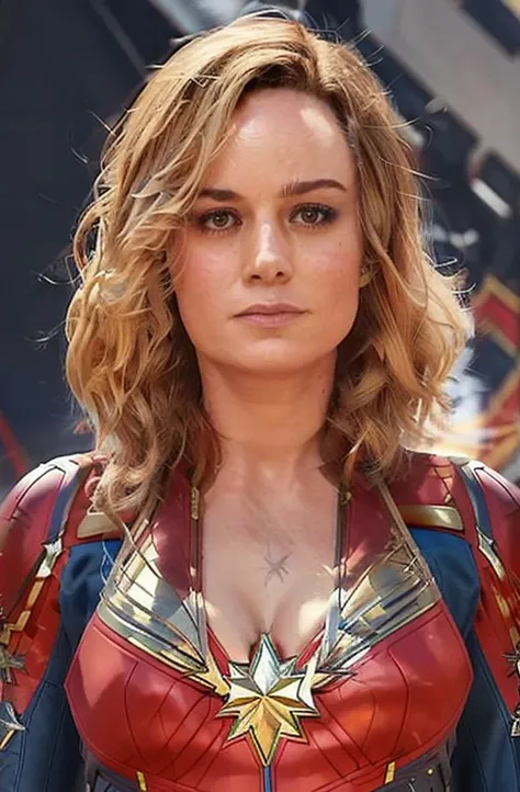 SCANTILY CLAD brie larson, medium hair, full body portrait, wearing captain marvel outfit, sexy, cleavage, breasts showing