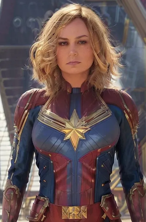 scantily clad brie larson, medium hair, full body portrait, wearing captain marvel outfit, sexy, cleavage, breasts showing