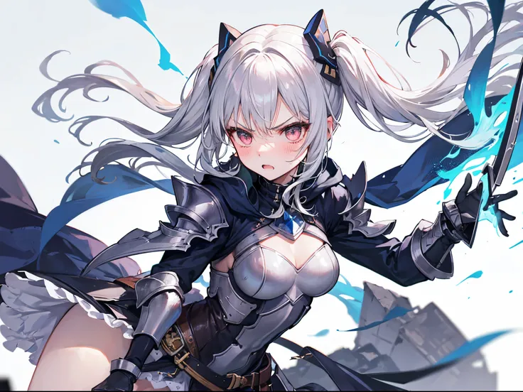 swordswoman, twin tail, silver hair, medium breasts, blush and angry, floating hair, armored dress,