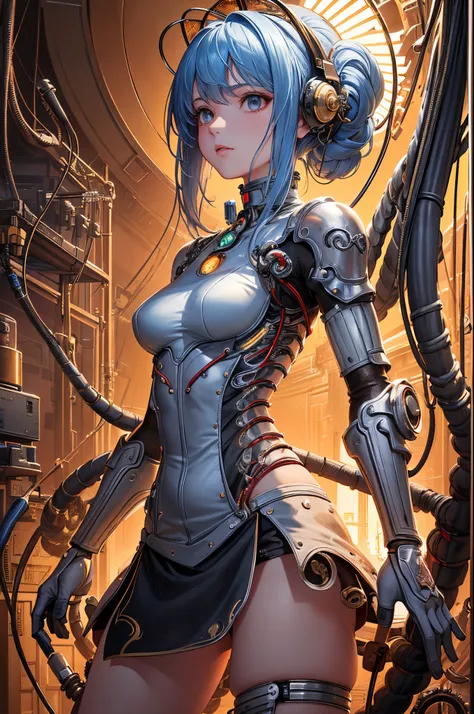 (((masterpiece))), (((best quality))), ((ultra-detailed)), (highly detailed CG illustration), ((an extremely delicate and beautiful)),cinematic light,((1mechanical girl)),solo,(cowboy shot:1.2),(machine made joints:1.2),((machanical limbs)),(blood vessels ...