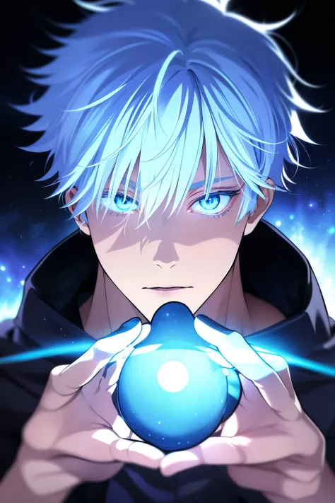 ((high detailing、Cinematic lighting))、messy blue hair、Aquamarine eyes、White lashes、god rays、Ray tracing、drop shadow、optical illusion、The upper part of the body、Looking at the camera、masutepiece、((Super Detail、Best Quality、8K))、Jujutsu Kaisen、Gojo Gojo、Blac...