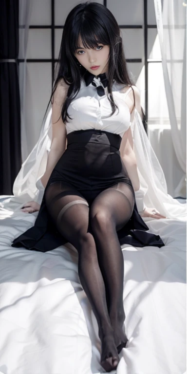 white  shirt，See-through installation，without wearing shoes，100D black hip socks，black lence stockings，black pantyhoses，Thick black stockings，huge tit，Cocked buttocks，Super detail，hyper HD,A high resolution,1080p,Anatomically correct，ccurate，Physical coord...