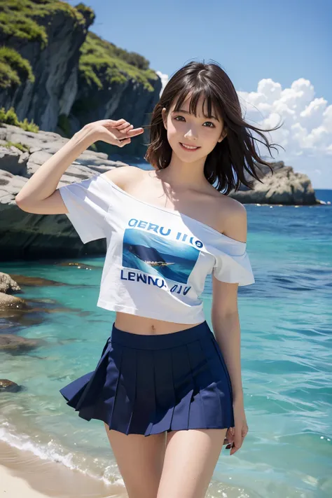 An ultra-high picture quality、8Ｋ、Beautiful blue sea、Angle looking up from below、hi-school girl、Idol、Cute teenage girl、Shy smile、Messy short brown hair、model legs、off shoulders、My sexy shirt looks like it&#39;s going to come off、There is nothing on the shir...