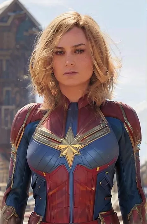 SCANTILY CLAD brie larson, medium hair, full body portrait, wearing captain marvel outfit, sexy, cleavage, breasts showing