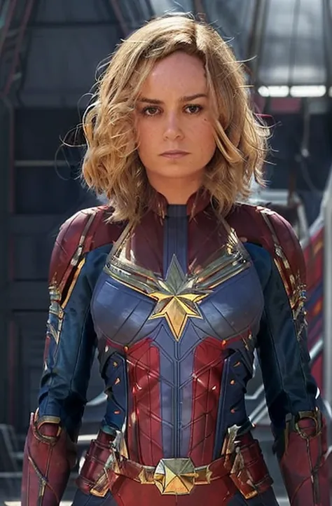 scantily clad brie larson, medium hair, full body portrait, wearing captain marvel outfit, sexy, cleavage, breasts showing