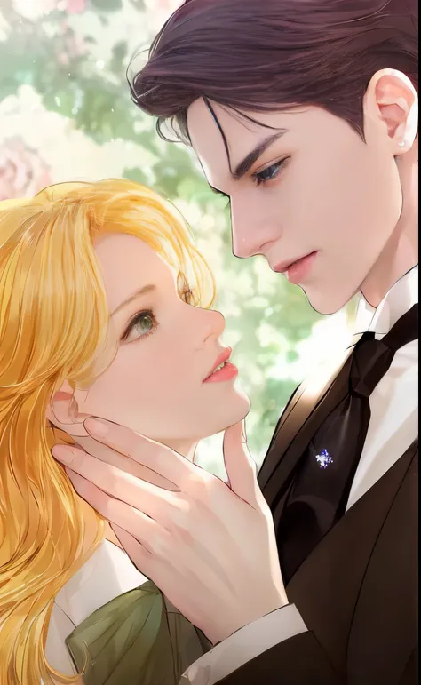 anime image of a man and woman in formal attire kissing, delicate androgynous prince, in the art style of bowater, beautiful and...